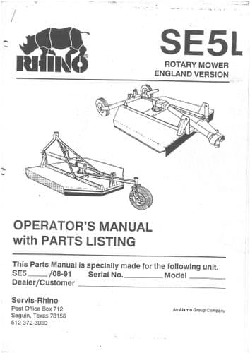 Rhino Rotary Mower SE5L Operators Manual and Parts List