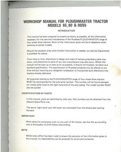 Roadless Tractor Ploughmaster 65 80 & 90 95 Workshop Manual