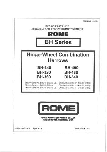 Rome Hinge Wheel Combination Harrow BH240 BH320 BH360 BH400 BH480 BH540 Ops and Parts Manual