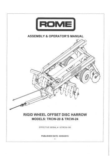 Rome Rigid Wheel Offset Disc Harrow TRCW20 & TRCW24 Operators Manual