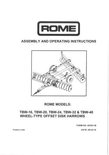 Rome Wheel Type Offset Disc Harrow TBW16 TBW20 TBW24 TBW32 TBW40 Operators Manual