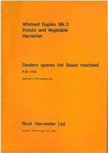 Root Harvesters Ltd Whitsed Duplex Mk.2 Potato & Vegetable Harvester Parts Manual