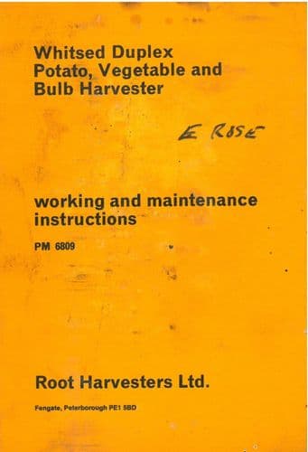 Root Harvesters Ltd Whitsed Duplex Potato, Vegetable & Bulb Harvester Operators Manual