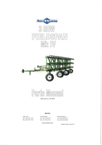Rovic & Leers Harrow Cultivator 3 Row Fieldspan MkIV Parts Manual