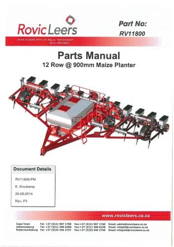 Rovic Leers Seed Drill 12 Row 900mm Maize Planter Parts Manual