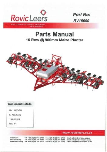 Rovic Leers Seed Drill 16 Row 900mm Maize Planter Parts Manual