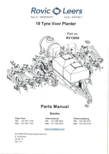 Rovic Leers Seed Drill 19 Tyne Voor Planter Parts Manual