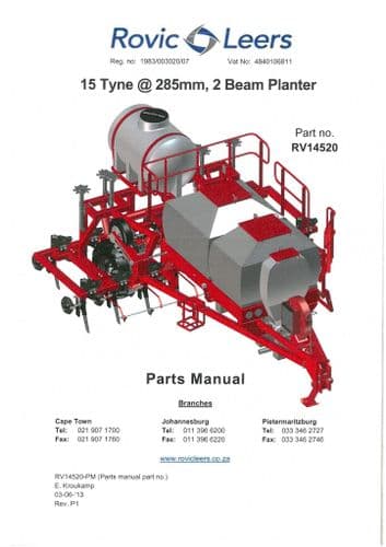 Rovic Leers Seed Drill 2 Beam Planter 15 Tyne 285mm Parts Manual