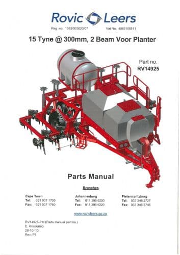 Rovic Leers Seed Drill 2 Beam Voor Planter 15 Tyne 300mm  Parts Manual