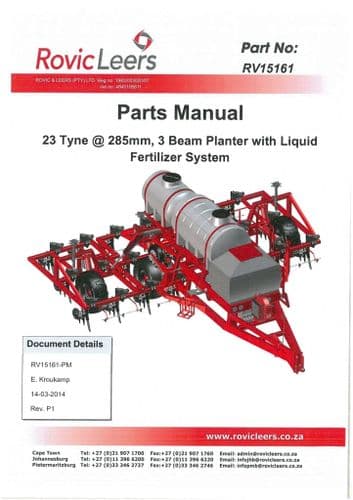 Rovic Leers Seed Drill 23 Tyne 285mm, 3 Beam Planter with Liquid Fertiliser System Parts Manual