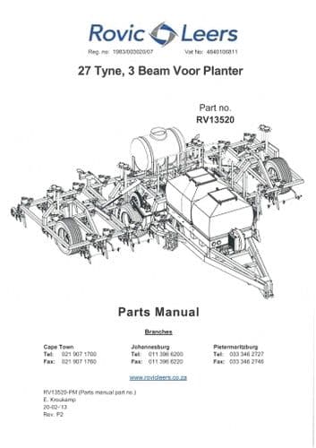 Rovic Leers Seed Drill 27 Tyne, 3 Beam Voor Planter Parts Manual