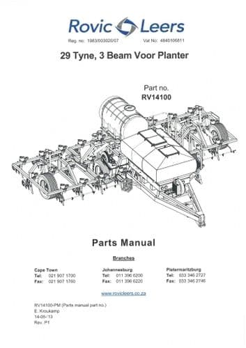 Rovic Leers Seed Drill 29 Tyne, 3 Beam Voor Planter Parts Manual