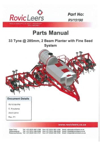 Rovic Leers Seed Drill 33 Tyne, 2 Beam Planter with Fine Seed System Parts Manual