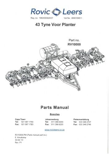 Rovic Leers Seed Drill 43 Tyne Voor Planter Parts Manual