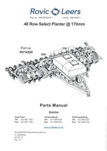 Rovic Leers Seed Drill 48 Row Select Planter Parts Manual