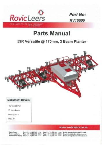 Rovic Leers Seed Drill 58R Versatile 170mm, 3 Beam Planter Parts Manual
