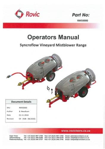 Rovic Leers Syncroflow Vineyard Mistblower Range Operators Manual