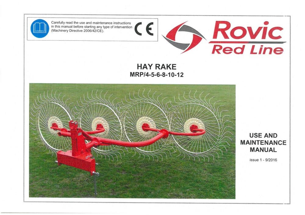 Rovic Red Line Hay Rake MRP 4 5 6 10 & 12 Operators Manual