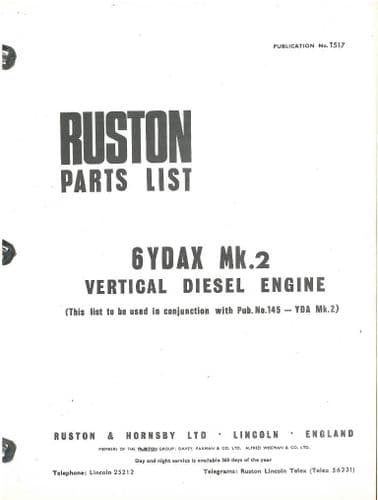 Ruston 6YDAX Mk.2 Vertical Diesel Engine Parts Manual