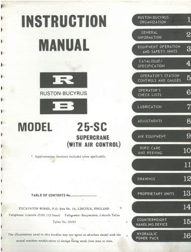 Ruston Bucyrus Excavator 25SC (Supercrane) Operators Manual - 25 SC