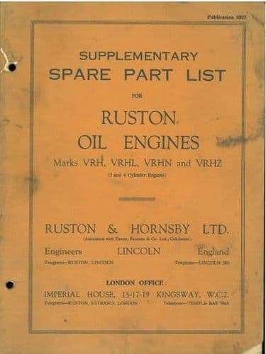 Ruston & Hornsby Oil Engine - Marks VRH, VRHL, VRHN, VRHZ Parts Manual