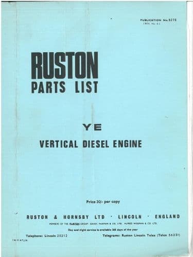 Ruston YE Vertical Diesel Engine Parts Manual
