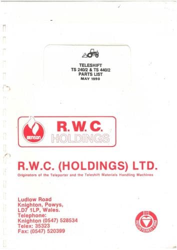 RWC Holdings Teleshift Telehandler TS240/2 & TS440/2 Parts Manual - TS 240/2 & 440/2 TS240 TS440 2