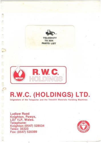 RWC Holdings Teleshift Telehandler TS304 Parts Manual - TS 304