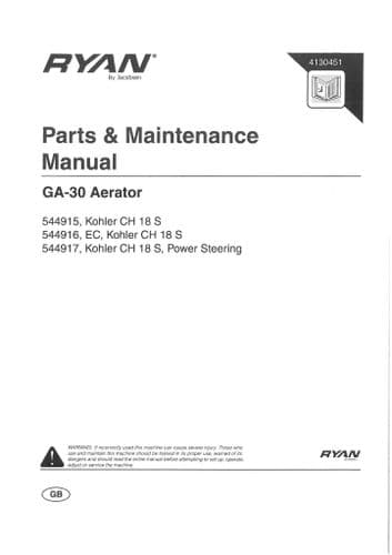 Ryan by Jacobsen Aerator GA30 Operators Manual  and Spare Parts List