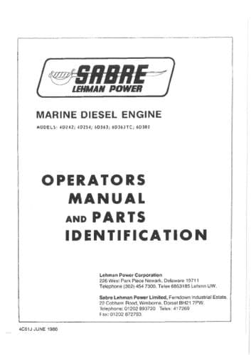 Sabre Marine Diesel Engine  4D242 4D254 6D363 6D363TC 6D380 Operators Manual and Parts List