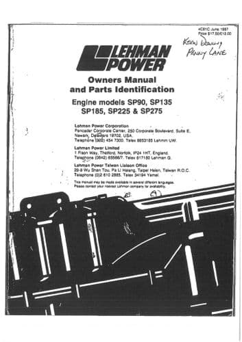 Sabre Marine Diesel Engine  SP90 SP135 SP185 SP225 & SP275 Operators Manual and Parts List