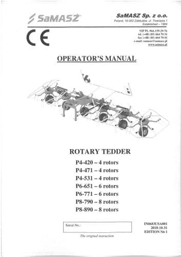 SaMASZ Rotary Tedder P4-420, P4-471, P4-531, P6-651, P6-771, P8-790, P8-890 Operators Manual