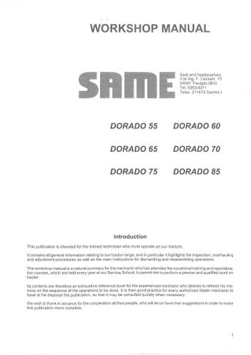Same Tractor Dorado 55 60 65 70 75 85 Service Workshop Manual