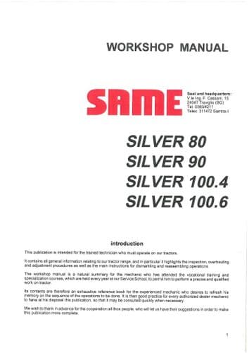 Same Tractor Silver 80 90 100.4 100.6 Workshop Service Repair Manual