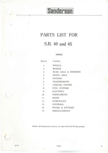 Sanderson Forklift SB40 - SB45 Parts Manual - SB 40 45