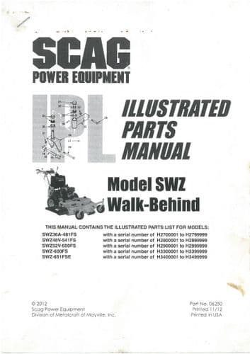 Scag Walk Behind Mower SWZ36A481FS SWZ48V-541FS SWZ52V-600FS SWZ-600FS SWZ-651FSE Parts Manual