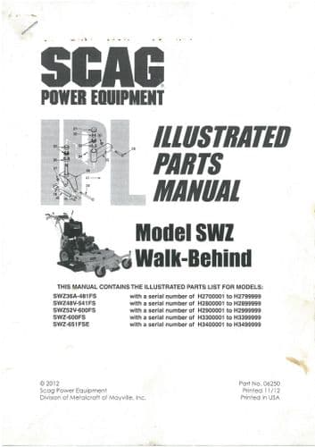 Scag Walk Behind Mower SWZ36A481FS SWZ48V-541FS SWZ52V-600FS SWZ-600FS SWZ-651FSE Parts Manual