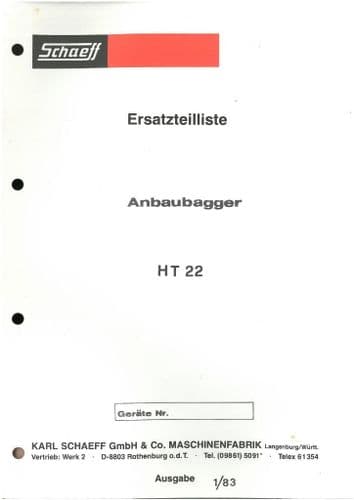 Schaeff Hydraulic Backhoe HT22 Parts Manual - Hydraulik Anbaubagger - HT 22