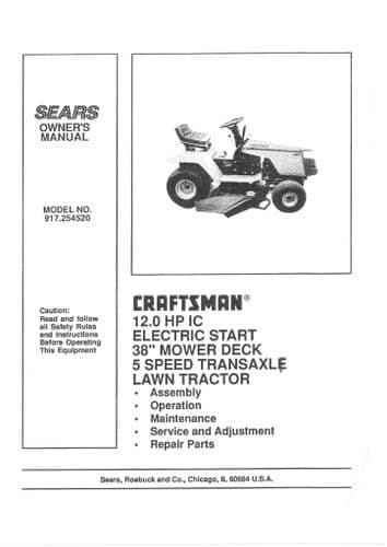 Sears Craftsman Garden Tractor 12 HP IC 38 Inch Operators Manual