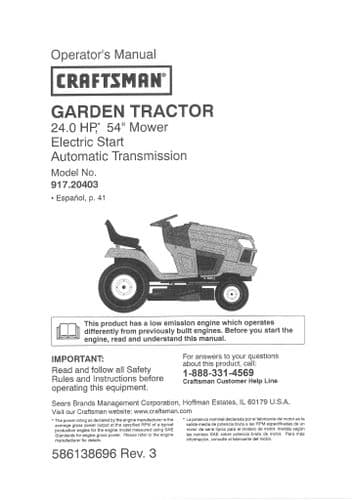 Sears Craftsman Garden Tractor 24 HP 54 Inch - Operators Manual