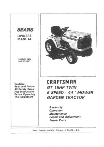 Sears Craftsman Graden Tractor 18HP 44 Inch Operators Manual