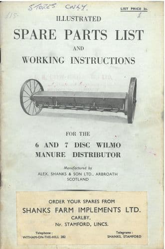 Shanks Farm Implements 6 Disc & 7 Disc Wilmo Manure Spreader Operators Manual & Parts List