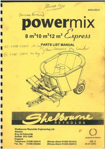 Shelbourne Reynolds 8m, 10m, 12m Powermix Express Parts Manual