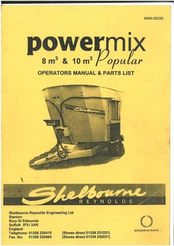 Shelbourne Reynolds 8m & 10m Powermix Popular Operators Manual & Parts List
