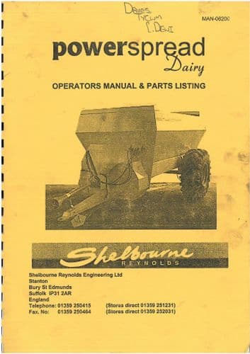 Shelbourne Reynolds Muck Spreader Powerspread Dairy Operators Manual with Parts List