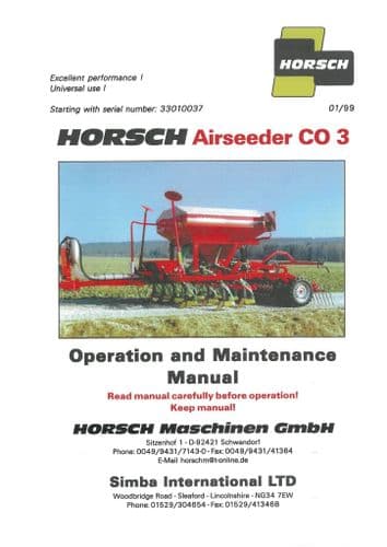 Simba Horsch Airseeder Seed Drill CO3 Operators Manual
