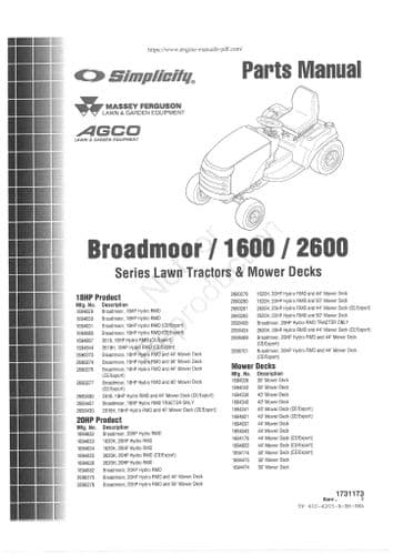 Simplicity Lawn Tractor & Mower Deck Broadmoor 1600 2600 Parts Manual