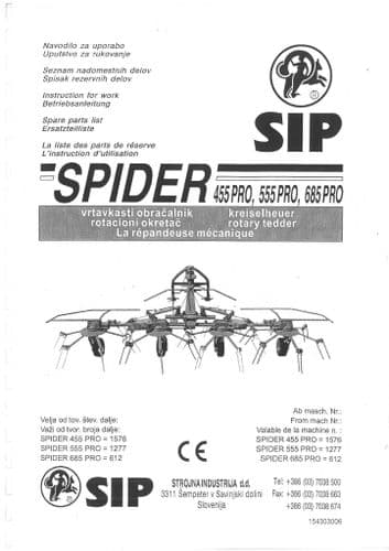 SIP Spider Rotary Tedder 455 Pro, 555 Pro, 685 Pro Operators Manual with Parts List - 455 555 685
