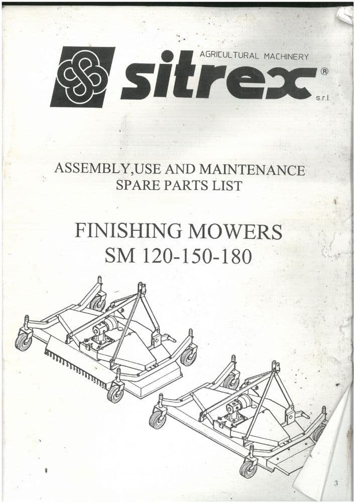 Sitrex Finishing Mower SM120 SM150 SM180 Operators Manual and Spare