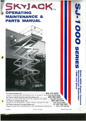Skyjack High Platform SJ-1000 Model 9250 Operators Manual with Parts List